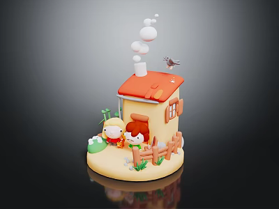 Miniature House Model With Red Roof Two Characters Fence Bird Green Plants And Cloud Decorations 3d model