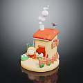 Miniature House Model With Red Roof Two Characters Fence Bird Green Plants And Cloud Decorations