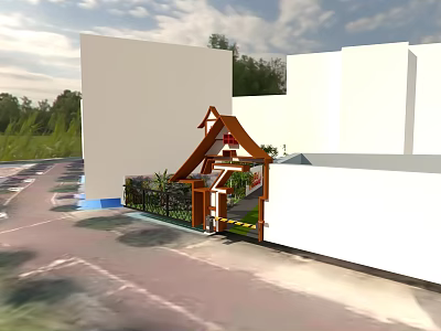 Wooden Entrance Gate With Triangular Roof Green Plants And White Walls Along Pathway 3d model