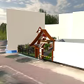 Wooden Entrance Gate With Triangular Roof Green Plants And White Walls Along Pathway