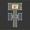 3D Model of Intricate Structure With Stone Pathways Water Pools and Red Decorations