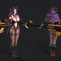 Game Fantasy Character With Purple Hair Horns Holding Gold And Black Attire And Ornate Weapon