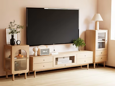 Minimalist Wooden TV Stand With Large TV Side Cabinet Table Lamp And Potted Plant 3d model