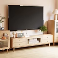 Minimalist Wooden TV Stand With Large TV Side Cabinet Table Lamp And Potted Plant