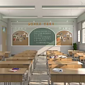 School Classroom Interior With Desks Chairs Blackboard Digital Screen And Windows 3d model