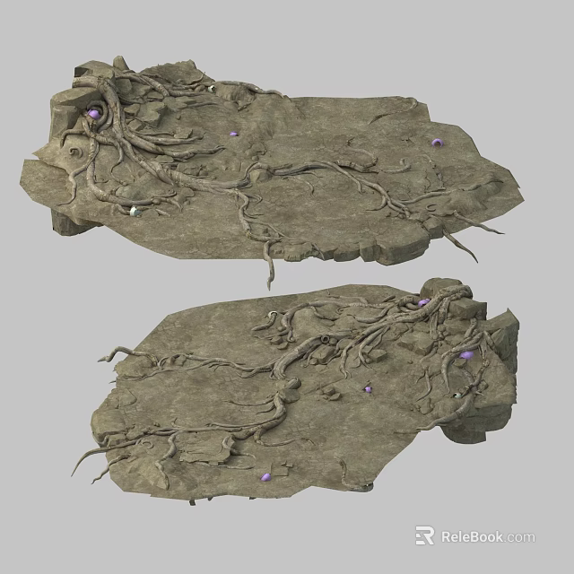 Cartoon Style Rocky Ground Scene With Twisted Tree Roots And Purple Gems 3d model 