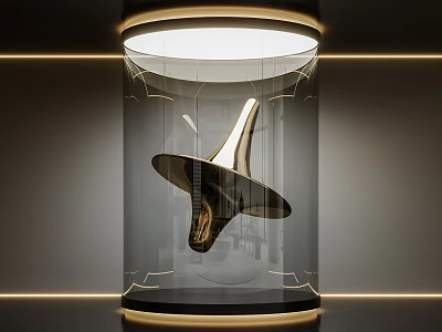 Golden Abstract Sculpture In Transparent Display Case With Gold Frame And Interior Lighting 3d model