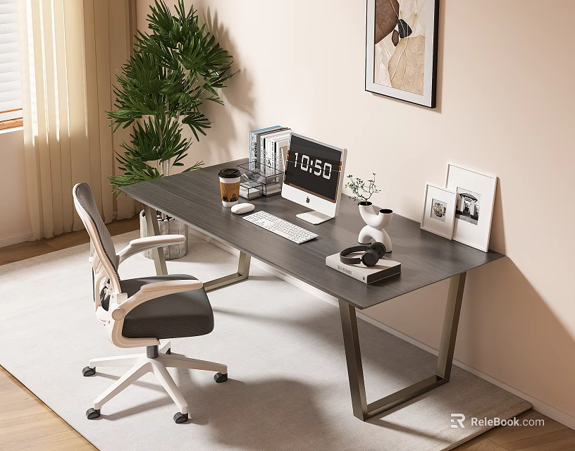 Modern Office Desk With Computer Monitor Coffee Cup Books Chair And Plants Near Window 3d model 
