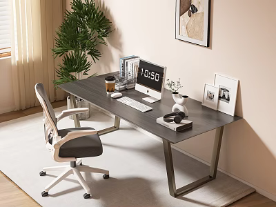 Modern Office Desk With Computer Monitor Coffee Cup Books Chair And Plants Near Window 3d model