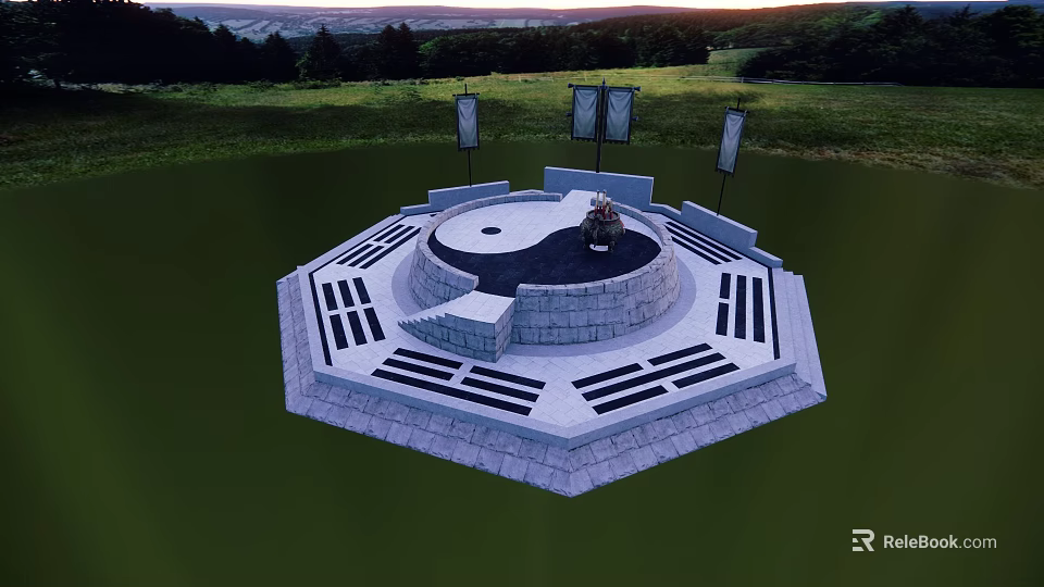 Octagonal Stone Platform With Central Yin Yang Symbol And Surrounding Stone Tablets 3d model 