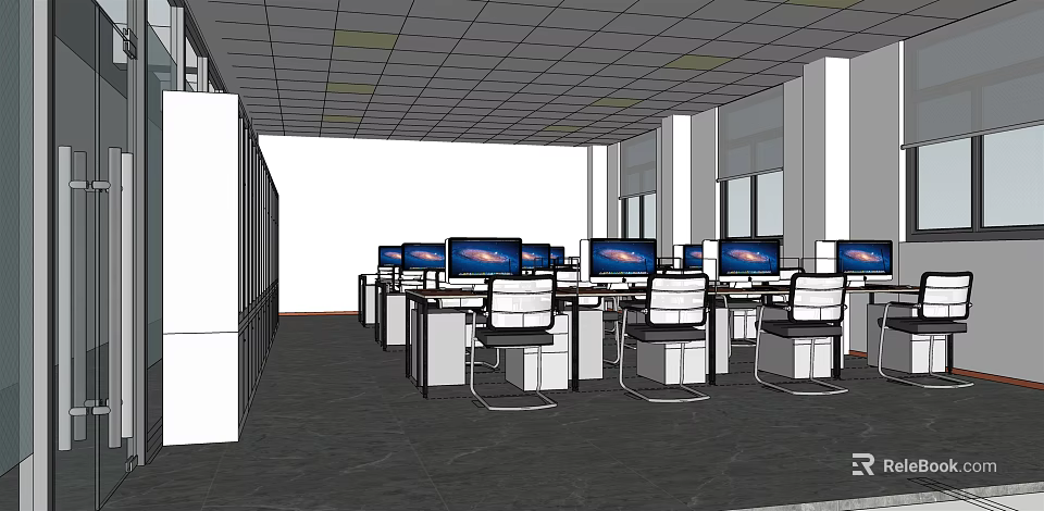 Public Office Space With Multiple Desks Computer Monitors And Ergonomic Chairs 3d model