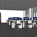 Public Office Space With Multiple Desks Computer Monitors And Ergonomic Chairs 3d model