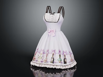 White Spaghetti Strap Dress With Black Collar Pink Bow Lavender Print Bottles And Lace Hem 3d model