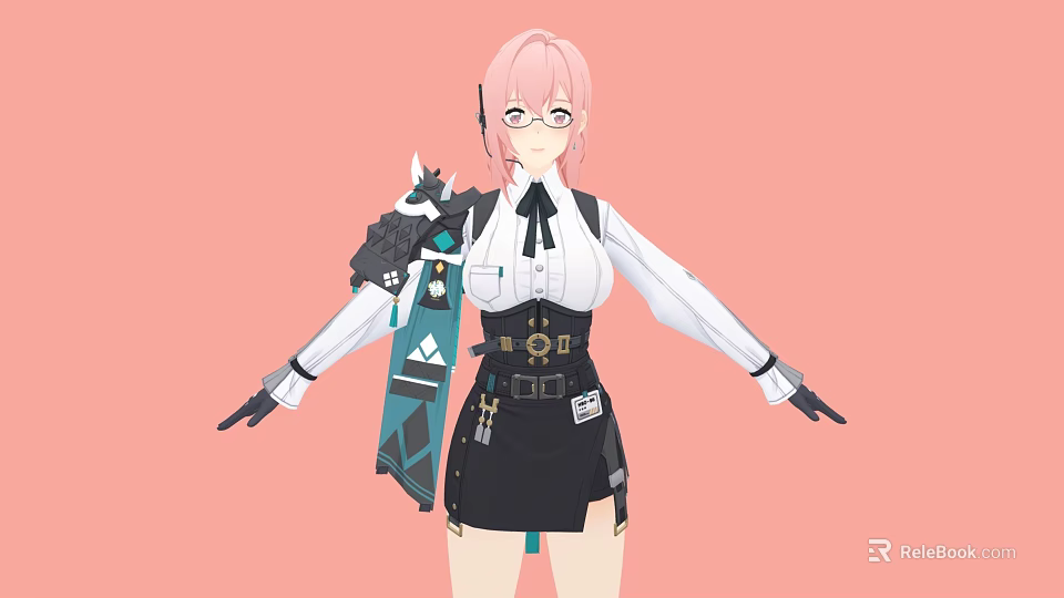 Woman with pink hair wearing glasses white shirt black skirt and mechanical device on shoulder 3d model 