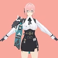 Woman with pink hair wearing glasses white shirt black skirt and mechanical device on shoulder