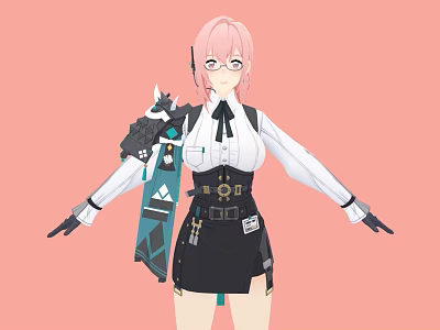 Woman with pink hair wearing glasses white shirt black skirt and mechanical device on shoulder 3d model