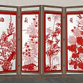 Traditional Four Panel Screen With Wooden Frame And Red Plum Orchid Bamboo Chrysanthemum Patterns