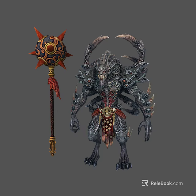 Detailed Monster Creature Character With Armored Body Spiked Mace And Red Accents 3d model 