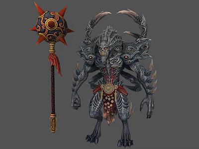 Detailed Monster Creature Character With Armored Body Spiked Mace And Red Accents 3d model