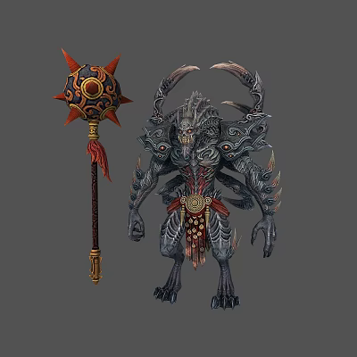 Detailed Monster Creature Character With Armored Body Spiked Mace And Red Accents 3d model