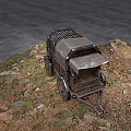 Vintage Wooden Carriage On Rocky Shore With Metal Grille And Sunset Sky