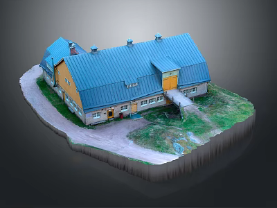 Rural Building Model With Blue Roof Yellow Walls Grass Path And Chimneys 3d model
