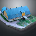 Rural Building Model With Blue Roof Yellow Walls Grass Path And Chimneys