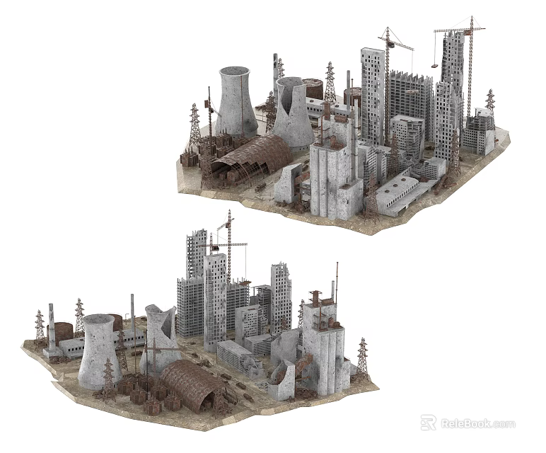 Urban Building Models With High Rise Structures Construction Cranes And Chimneys 3d model 