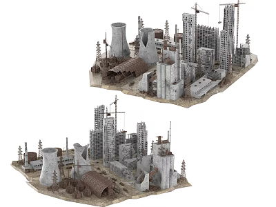 Urban Building Models With High Rise Structures Construction Cranes And Chimneys 3d model