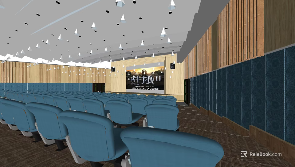 Modern Cinema Interior With Blue Seats Large Screen White Pendant Lights And Carpeted Floor 3d model 