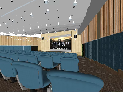 Modern Cinema Interior With Blue Seats Large Screen White Pendant Lights And Carpeted Floor 3d model