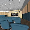 Modern Cinema Interior With Blue Seats Large Screen White Pendant Lights And Carpeted Floor