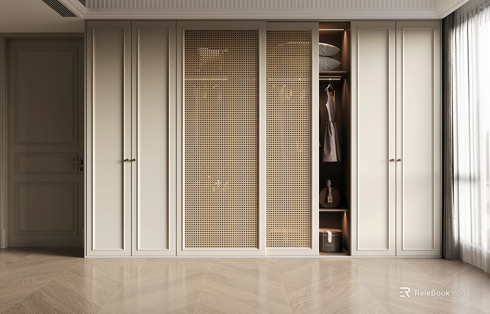 Modern White Wardrobe With Rattan Sliding Doors And Internal Storage Design 3d model 