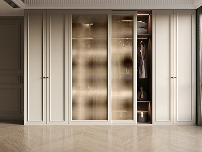 Modern White Wardrobe With Rattan Sliding Doors And Internal Storage Design 3d model
