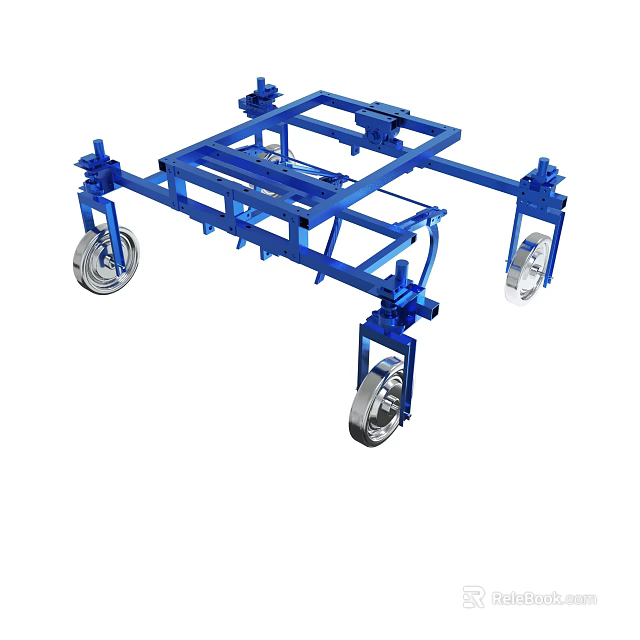 Blue Mechanical Frame Structure With Wheels And Industrial Components 3d model