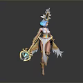 Elegant Woman With Blue Hair Ornamental Headdress Feather Decorations And Staff