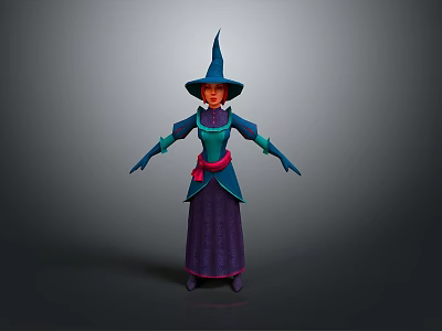 Witch Character in Blue Hat Purple Robe with Pink Sash and Outstretched Hands 3d model