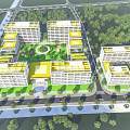 Modern Multi Story Industrial Factory Building With Glass Curtain Walls And Green Courtyard Lawn