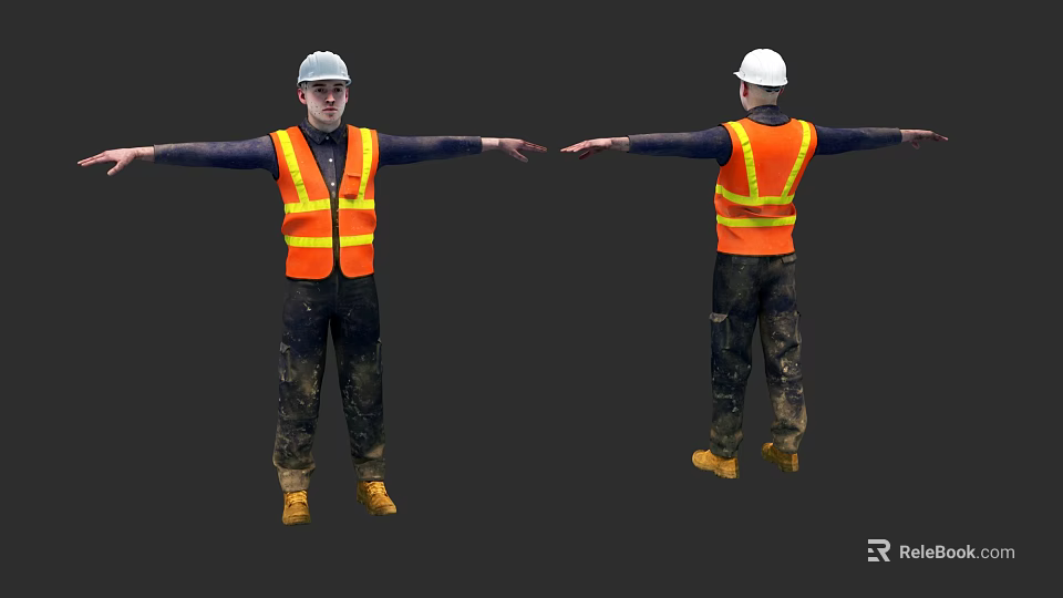 Game and Film Character Wearing Orange Reflective Vest White Hard Hat Yellow Boots 3d model 