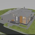 Modern House With Gray Roof Stone Wooden Exterior Large Windows Green Lawn And Driveway