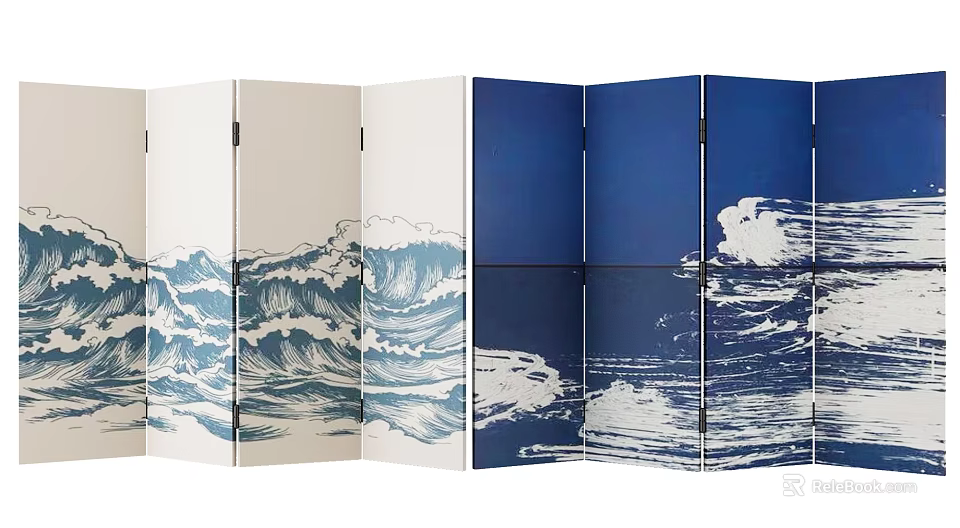 Japanese Style Room Divider Screen With Blue White Wave Pattern For Home Decor 3d model