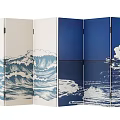 Japanese Style Room Divider Screen With Blue White Wave Pattern For Home Decor 3d model