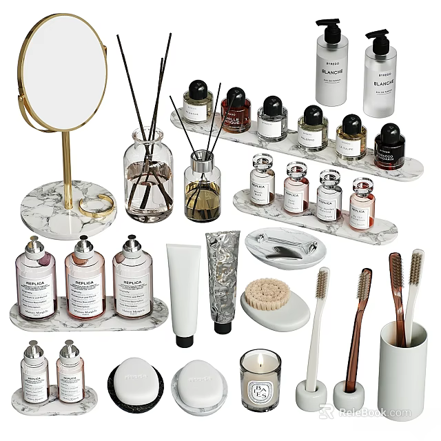 Elegant Daily Washing Supplies With Bottles Toothbrushes Brushes Trays Tubes Mirror And Candle 3d model 