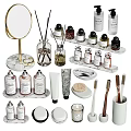 Elegant Daily Washing Supplies With Bottles Toothbrushes Brushes Trays Tubes Mirror And Candle
