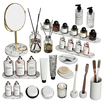 Elegant Daily Washing Supplies With Bottles Toothbrushes Brushes Trays Tubes Mirror And Candle 3d model