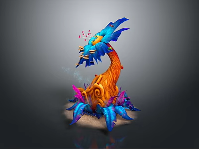 Vibrant Fantasy Plant with Blue Feathery Blooms Orange Spiral Stem and Purple Pink Decorative Base 3d model