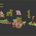 Ancient Ruin Detailed Scene Components With Arched Towers Platforms And Glowing Stone Accents