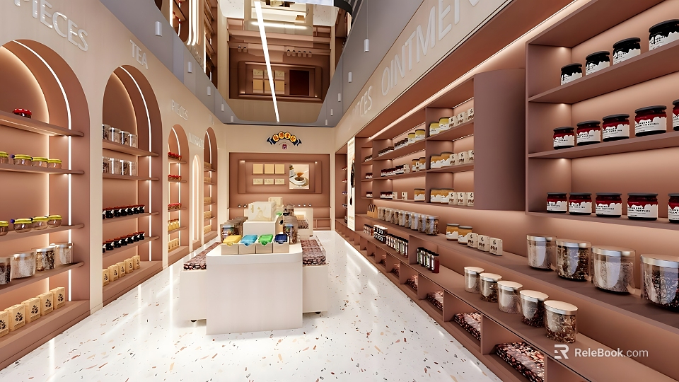 Elegant Modern Specialty Store With Display Cabinets Shelves And Various Products 3d model 