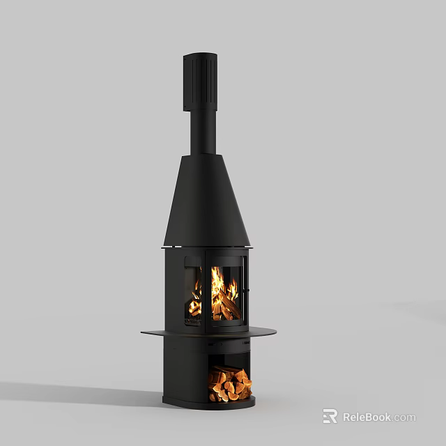 Modern Black Fireplace with Flames and Double Layer Design Black Chimney 3d model 