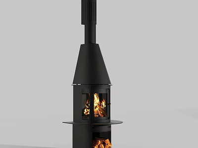 Modern Black Fireplace with Flames and Double Layer Design Black Chimney 3d model